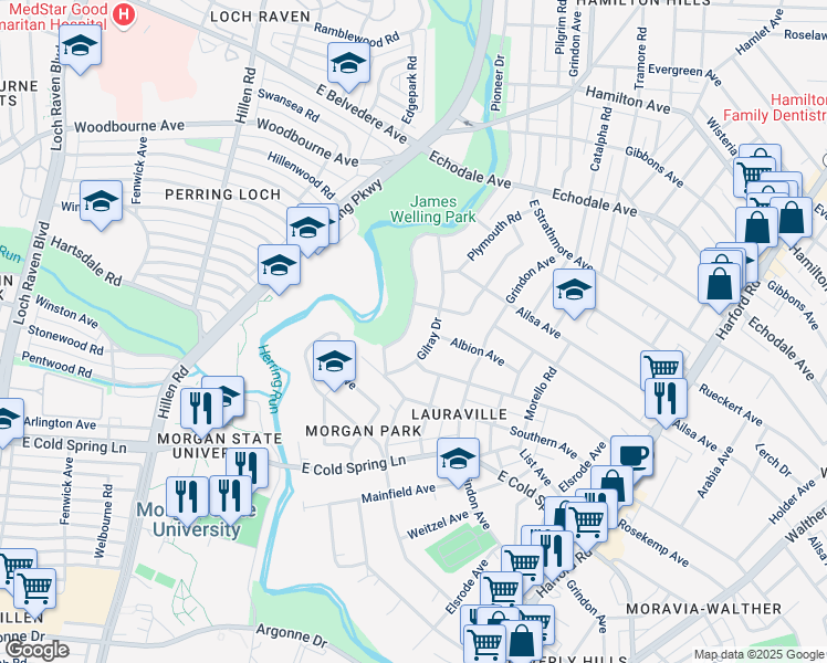 map of restaurants, bars, coffee shops, grocery stores, and more near 4815 Herring Run Drive in Baltimore