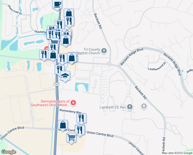 map of restaurants, bars, coffee shops, grocery stores, and more near 8513 Breezewood Court in Beckett Ridge