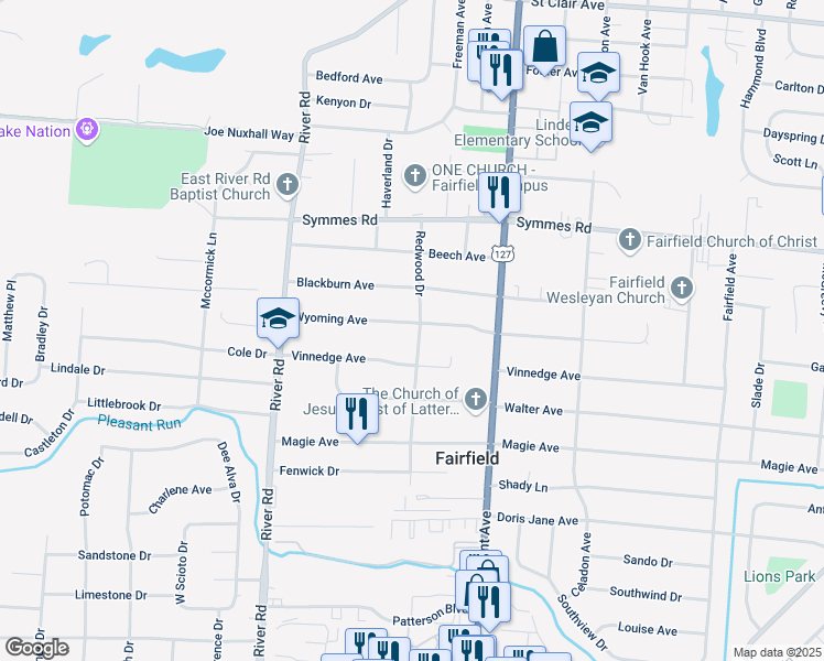 map of restaurants, bars, coffee shops, grocery stores, and more near 479 Wyoming Avenue in Fairfield