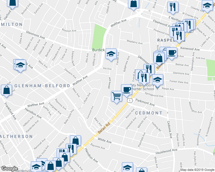 map of restaurants, bars, coffee shops, grocery stores, and more near 6120 Fairdel Avenue in Baltimore