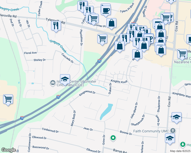 map of restaurants, bars, coffee shops, grocery stores, and more near 7563 Chateau Court in Butler County