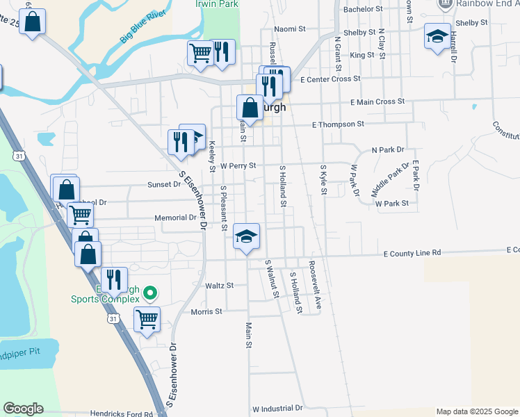 map of restaurants, bars, coffee shops, grocery stores, and more near 512 South Walnut Street in Edinburgh