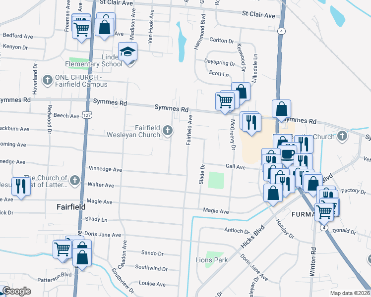 map of restaurants, bars, coffee shops, grocery stores, and more near 4707 Fairfield Avenue in Fairfield