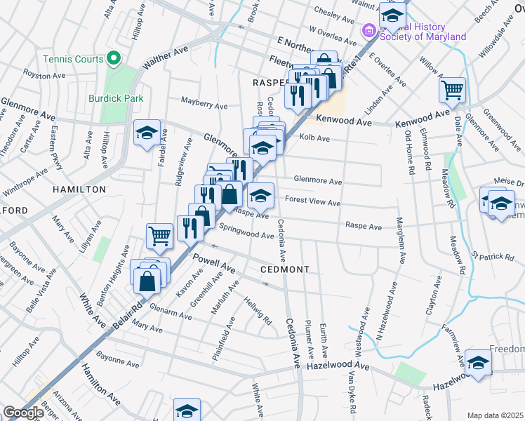 map of restaurants, bars, coffee shops, grocery stores, and more near 4300 Raspe Avenue in Baltimore