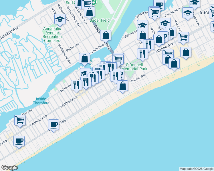 map of restaurants, bars, coffee shops, grocery stores, and more near 31 South Elberon Avenue in Atlantic City