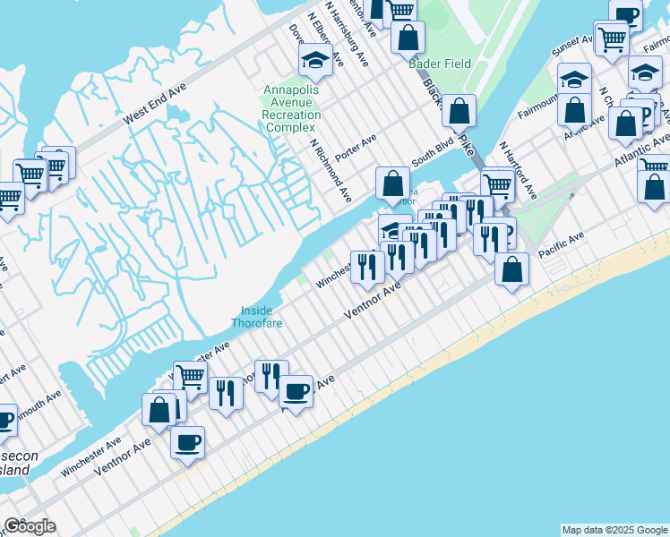 map of restaurants, bars, coffee shops, grocery stores, and more near 4333 Winchester Avenue in Atlantic City