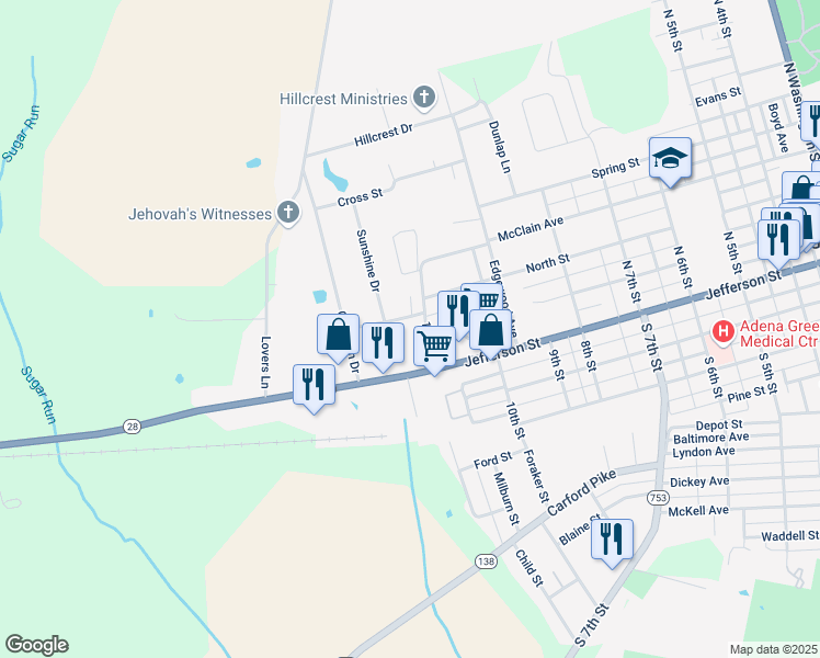 map of restaurants, bars, coffee shops, grocery stores, and more near 101 Janice Street in Greenfield