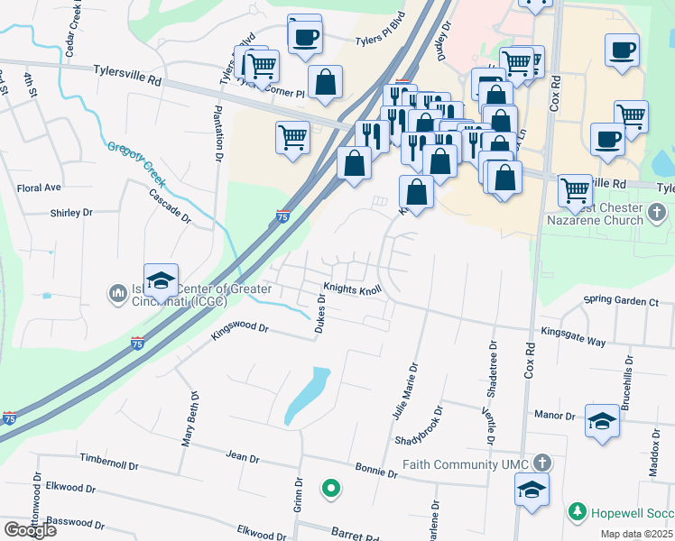 map of restaurants, bars, coffee shops, grocery stores, and more near 7515 Dover Drive in Butler County