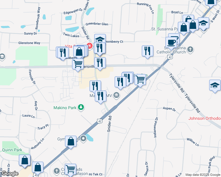 map of restaurants, bars, coffee shops, grocery stores, and more near 6200 Snider Road in Mason