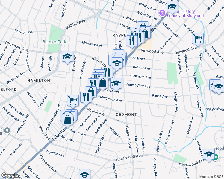 map of restaurants, bars, coffee shops, grocery stores, and more near 4210 Raspe Avenue in Baltimore