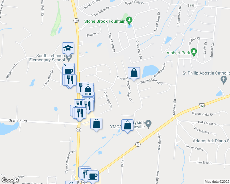 map of restaurants, bars, coffee shops, grocery stores, and more near 5910 Hidden Oaks Court in Maineville