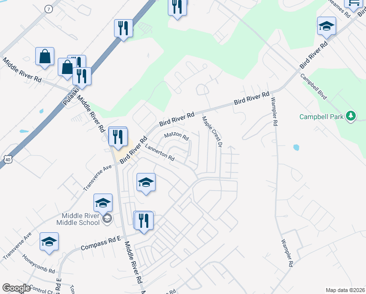 map of restaurants, bars, coffee shops, grocery stores, and more near 9750 Conmar Road in Middle River