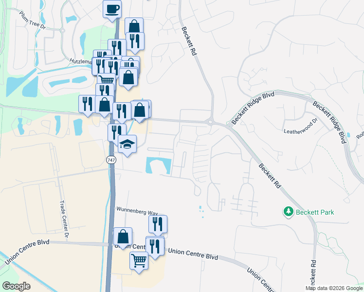 map of restaurants, bars, coffee shops, grocery stores, and more near 8513 Breezewood Court in Beckett Ridge