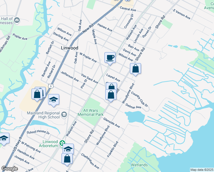 map of restaurants, bars, coffee shops, grocery stores, and more near 1010 Maple Avenue in Linwood