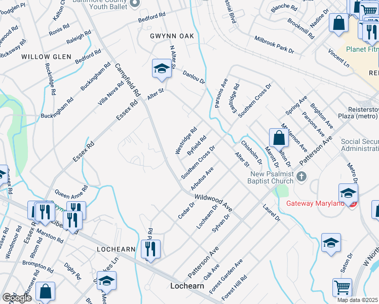 map of restaurants, bars, coffee shops, grocery stores, and more near 3828 Byfield Road in Lochearn