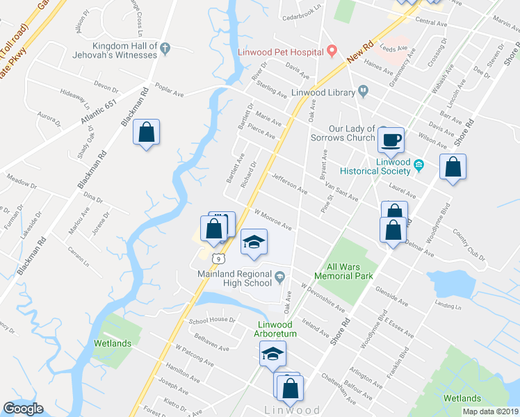 map of restaurants, bars, coffee shops, grocery stores, and more near 412 West Monroe Avenue in Linwood