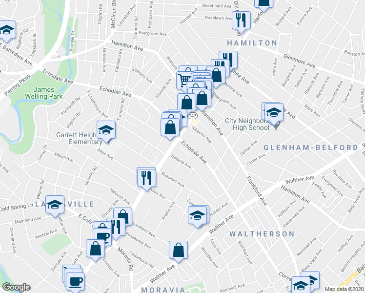 map of restaurants, bars, coffee shops, grocery stores, and more near 3003 Echodale Avenue in Baltimore