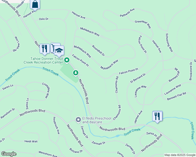 map of restaurants, bars, coffee shops, grocery stores, and more near 13083 Falcon Point Place in Truckee