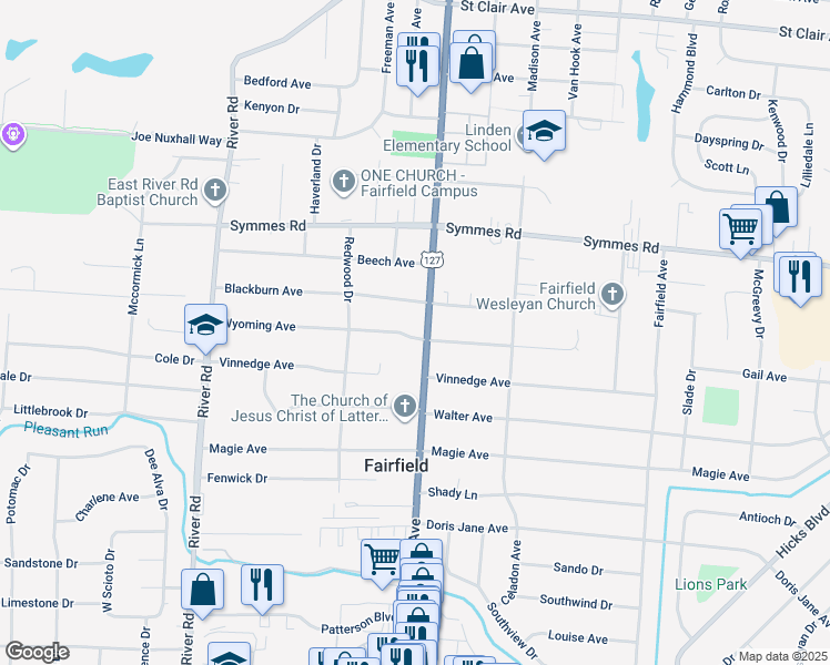 map of restaurants, bars, coffee shops, grocery stores, and more near 4735 Pleasant Avenue in Fairfield