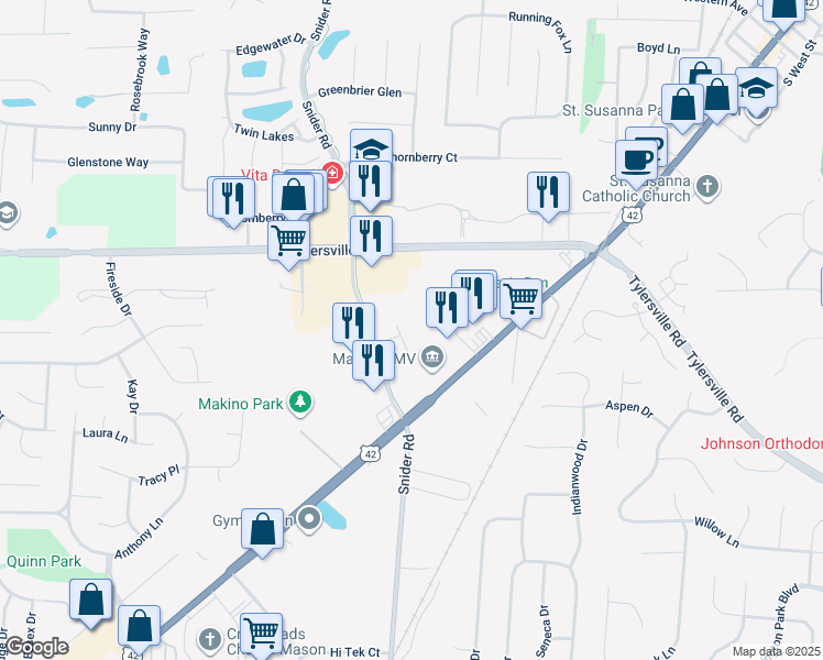 map of restaurants, bars, coffee shops, grocery stores, and more near 6200 Snider Road in Mason
