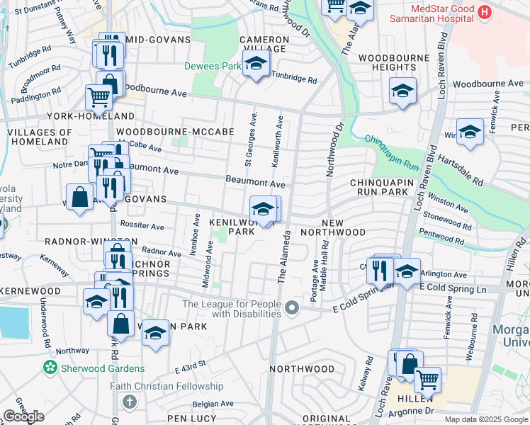 map of restaurants, bars, coffee shops, grocery stores, and more near 5102 Kenilworth Avenue in Baltimore