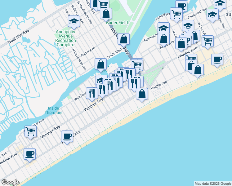 map of restaurants, bars, coffee shops, grocery stores, and more near 4012 Ventnor Avenue in Atlantic City