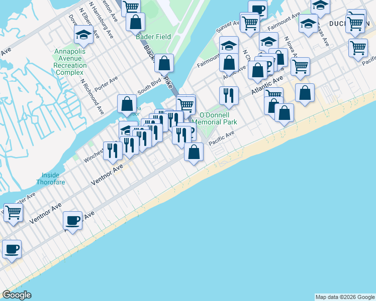 map of restaurants, bars, coffee shops, grocery stores, and more near 3813 Atlantic Avenue in Atlantic City