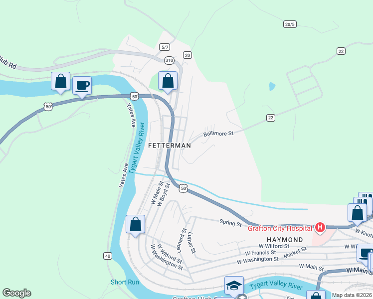 map of restaurants, bars, coffee shops, grocery stores, and more near Baltimore St in Grafton
