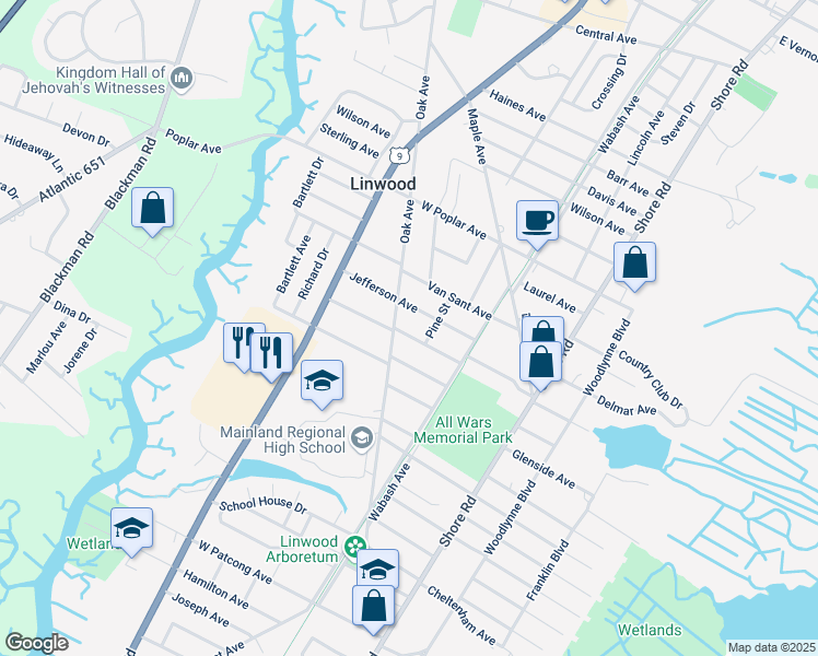 map of restaurants, bars, coffee shops, grocery stores, and more near 310 West Edgewood Avenue in Linwood