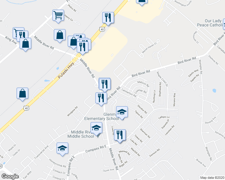 map of restaurants, bars, coffee shops, grocery stores, and more near 9620 Bird River Road in Middle River