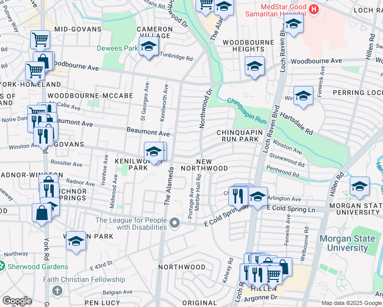 map of restaurants, bars, coffee shops, grocery stores, and more near 1230 Winston Avenue in Baltimore
