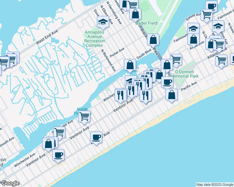 map of restaurants, bars, coffee shops, grocery stores, and more near 76 North Raleigh Avenue in Atlantic City