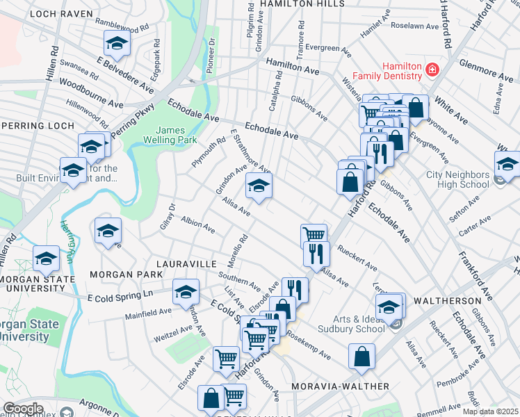 map of restaurants, bars, coffee shops, grocery stores, and more near 2800 Ailsa Avenue in Baltimore