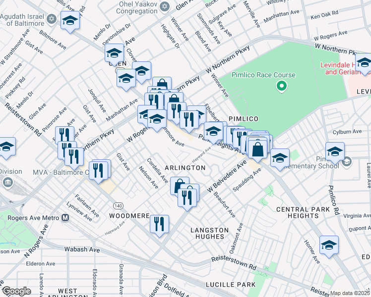 map of restaurants, bars, coffee shops, grocery stores, and more near 5316 Denmore Avenue in Baltimore
