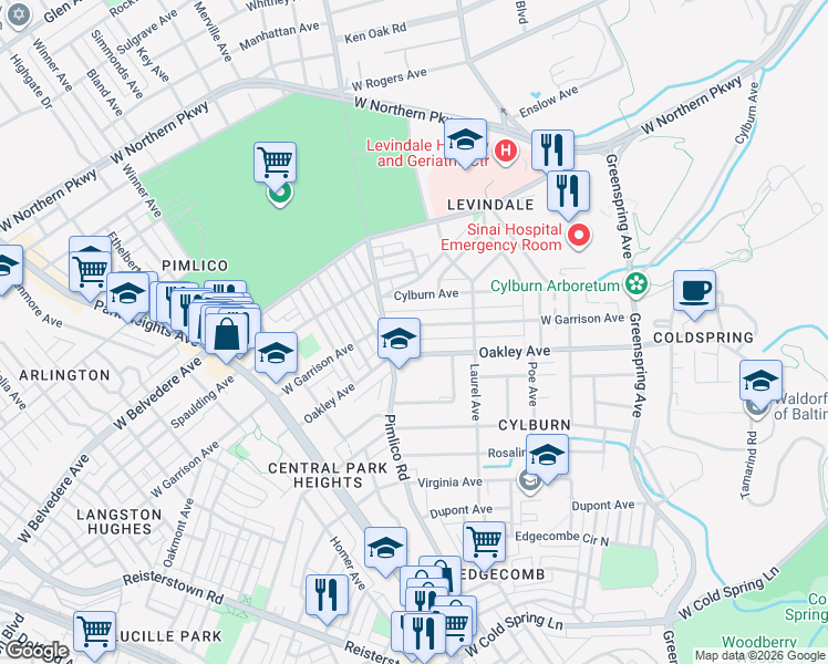 map of restaurants, bars, coffee shops, grocery stores, and more near 2843 West Garrison Avenue in Baltimore
