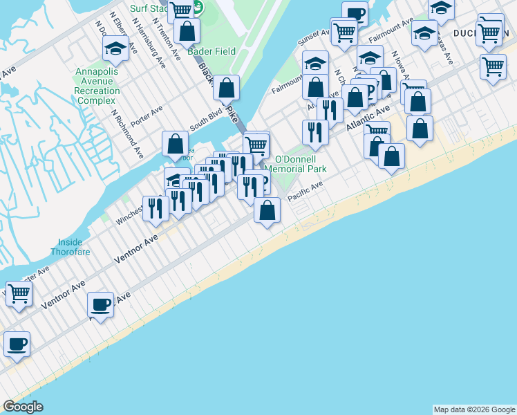 map of restaurants, bars, coffee shops, grocery stores, and more near 3813 Atlantic Avenue in Atlantic City