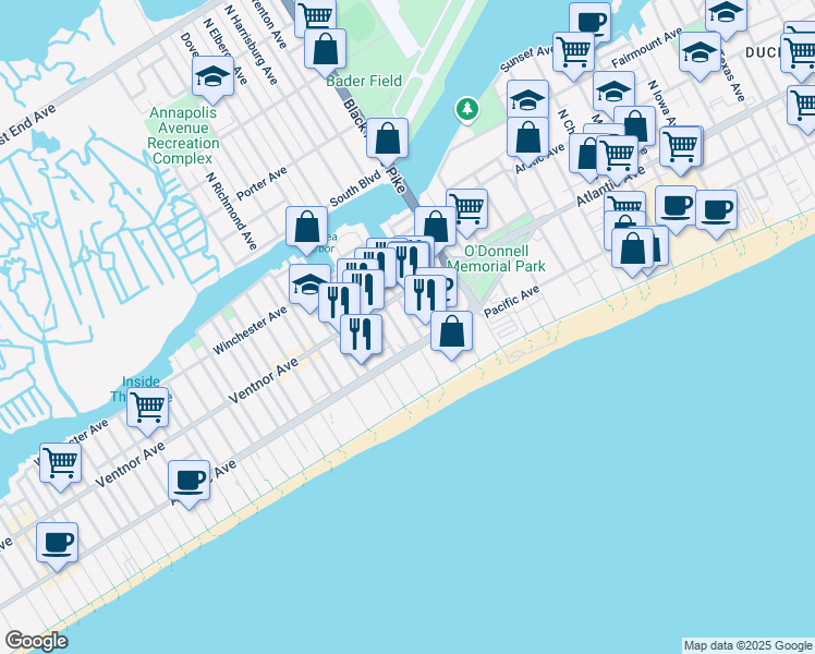 map of restaurants, bars, coffee shops, grocery stores, and more near 31 South Elberon Avenue in Atlantic City