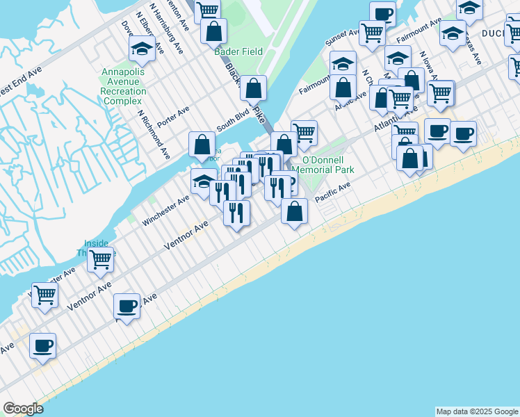 map of restaurants, bars, coffee shops, grocery stores, and more near 31 South Elberon Avenue in Atlantic City