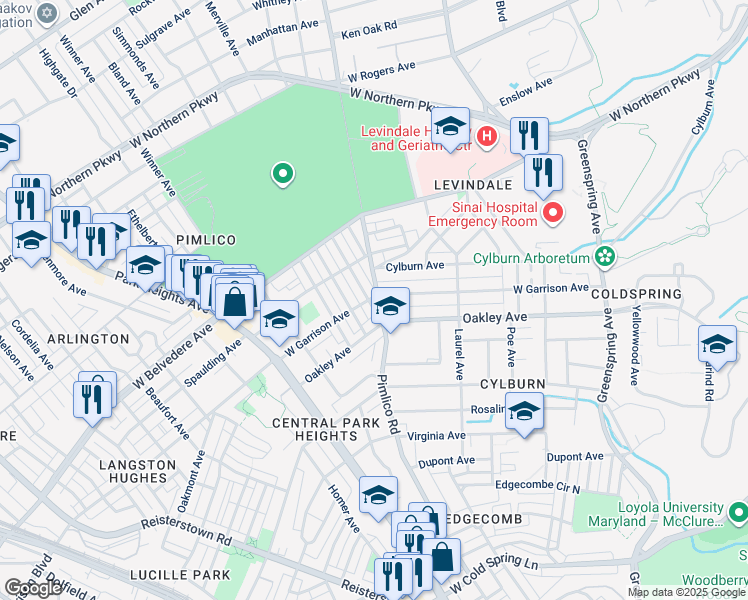 map of restaurants, bars, coffee shops, grocery stores, and more near 4919 Pembridge Avenue in Baltimore