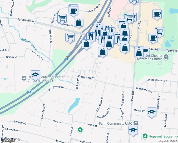 map of restaurants, bars, coffee shops, grocery stores, and more near 7521 Queen Ann Court in Butler County