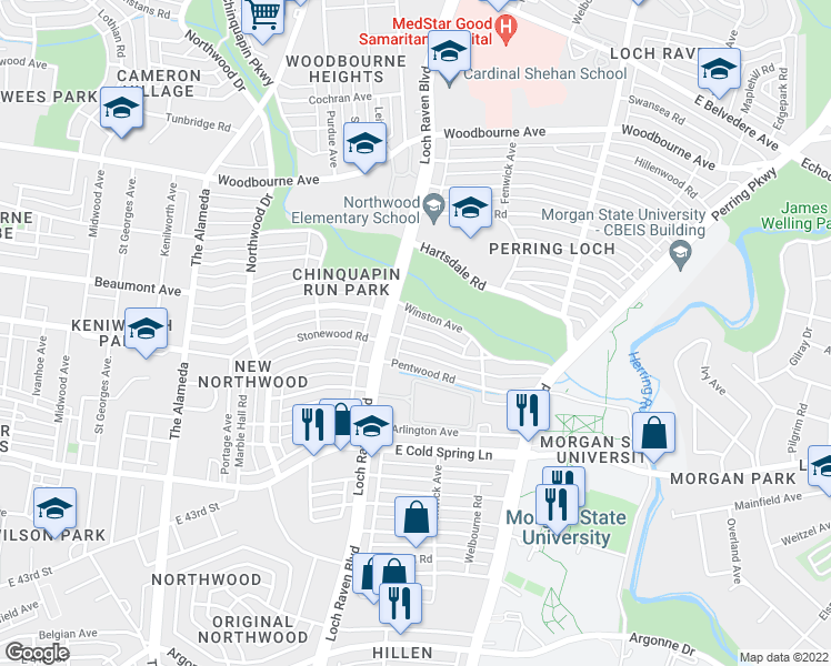 map of restaurants, bars, coffee shops, grocery stores, and more near 1510 Stonewood Road in Baltimore