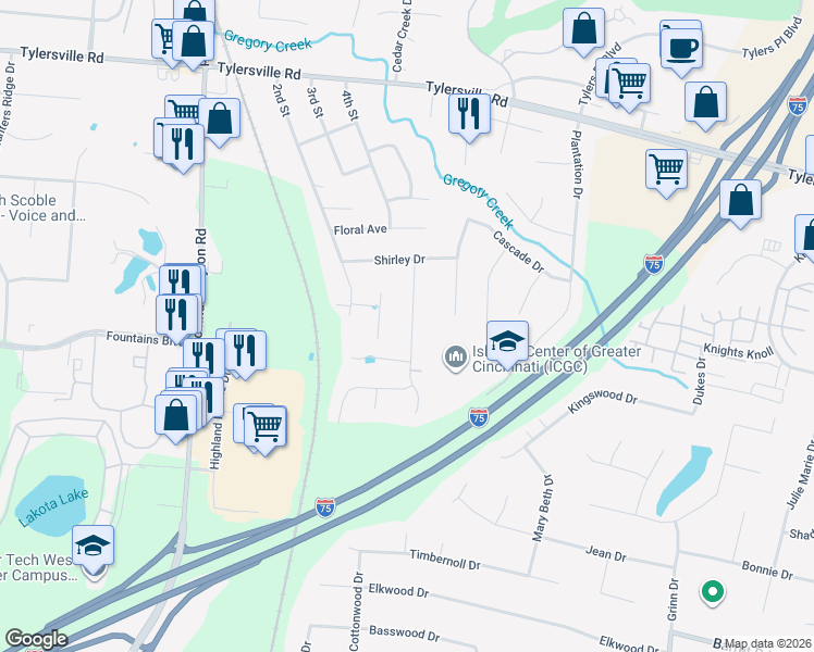 map of restaurants, bars, coffee shops, grocery stores, and more near 8105 Lawrence Drive in Butler County
