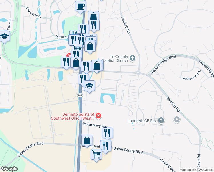 map of restaurants, bars, coffee shops, grocery stores, and more near 4916 Regency Court in Beckett Ridge