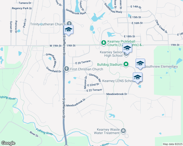 map of restaurants, bars, coffee shops, grocery stores, and more near 2109 Glenside Road in Kearney