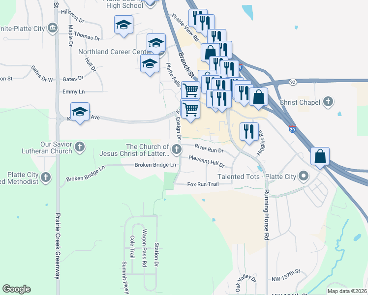 map of restaurants, bars, coffee shops, grocery stores, and more near 1100 River Run Drive in Platte City