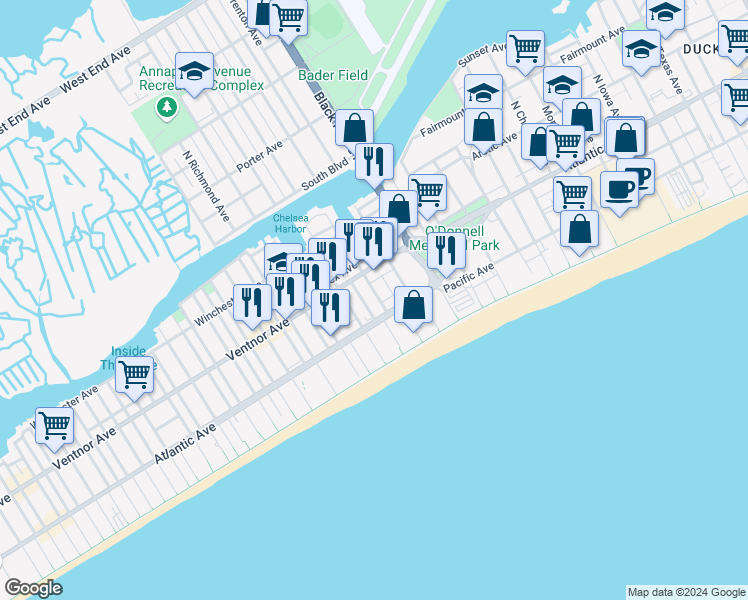 map of restaurants, bars, coffee shops, grocery stores, and more near 31 South Elberon Avenue in Atlantic City