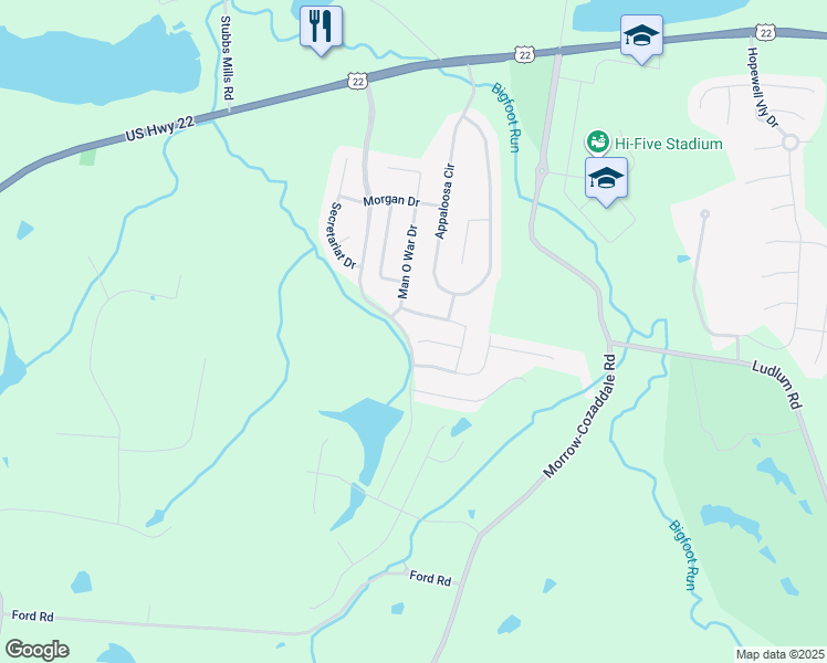 map of restaurants, bars, coffee shops, grocery stores, and more near 2656 Blackgold Court in Morrow