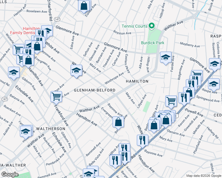 map of restaurants, bars, coffee shops, grocery stores, and more near 3606 White Avenue in Baltimore