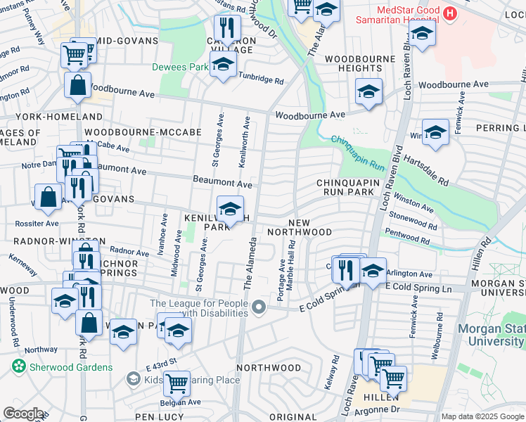 map of restaurants, bars, coffee shops, grocery stores, and more near 1204 Winston Avenue in Baltimore