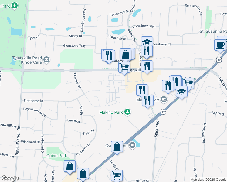 map of restaurants, bars, coffee shops, grocery stores, and more near 1261 Firethorne Drive in Mason